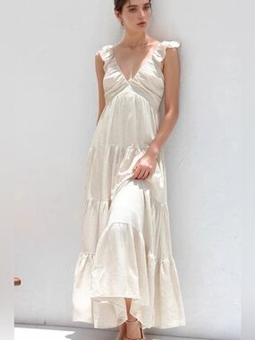 ♥️ Hello Cotton V- Neck Ruffle Strap Maxi Dress in White ♥️